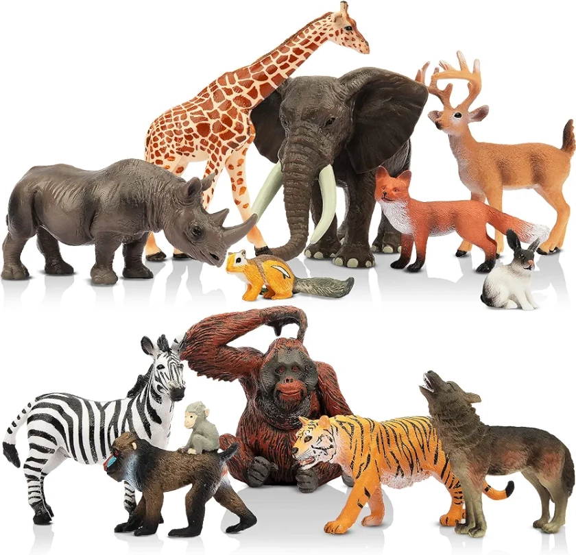 Toymany 12PCS Realistic Jungle Animal Figurines, 2-6" Forest Animal Figures Set includes Elephant,Tiger,Giraffe,Deer,Monkey, Educational Toy Cake Toppers Christmas Birthday Toy Gift for Kids Toddlers