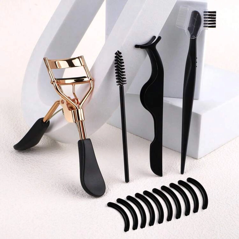 5pcs Eyelash Curler Tool Kit - Includes 10pcs Silicone Pads, Double-Ended Brow & Lash Brush, Lash Curler, Spiral Comb, Stainless Steel Black & Silver Handle Eyelash Curler - For Men & Women Eyelash Extension/Curling