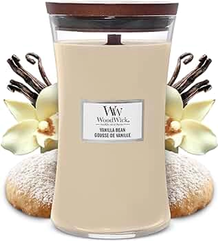 WoodWick grande bougie parfumée en jarre avec mèche qui crépite, Gousse de vanille, Temps de combustion jusqu’à 130 heures