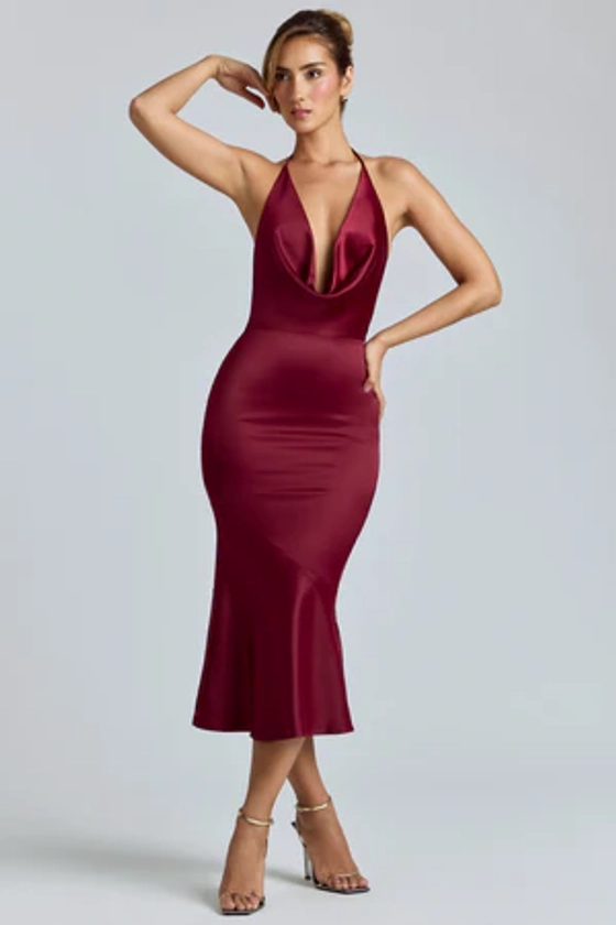 Cowl-Neck Satin Midaxi Dress in Burgundy