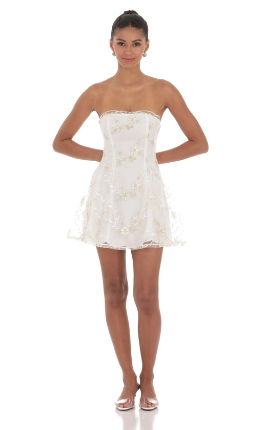 Embroidered Floral Strapless Dress in White | LUCY IN THE SKY