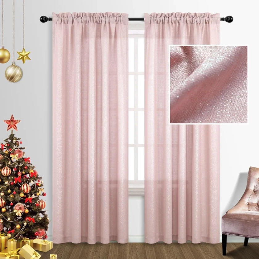 Light Pink and Silver Curtains 84 Inch Length for Living Room Decor 2 Panel Set Rod Pocket Semi Sheer Sparkle Beautiful Shimmer Glitter Iridescent Rose Gold Curtains for Bedroom Girls Decoration Blush