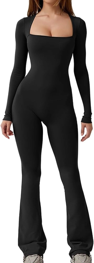 QINSEN Jumpsuits for Women Square Neck Wide Leg Full Length Romper Playsuit