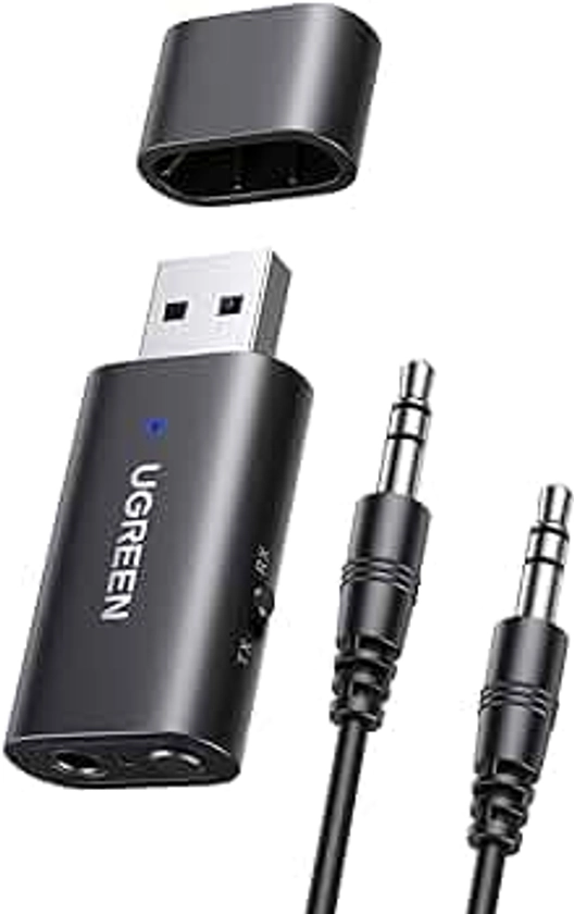 UGREEN 5.1 Transmitter Receiver 2 in 1 Wireless USB Adapter Built-in Microphone 3.5mm Audio Bluetooth Dongle Driver Free for TV, Home Stereo, Car Stereo, Headphones, Speakers, PC