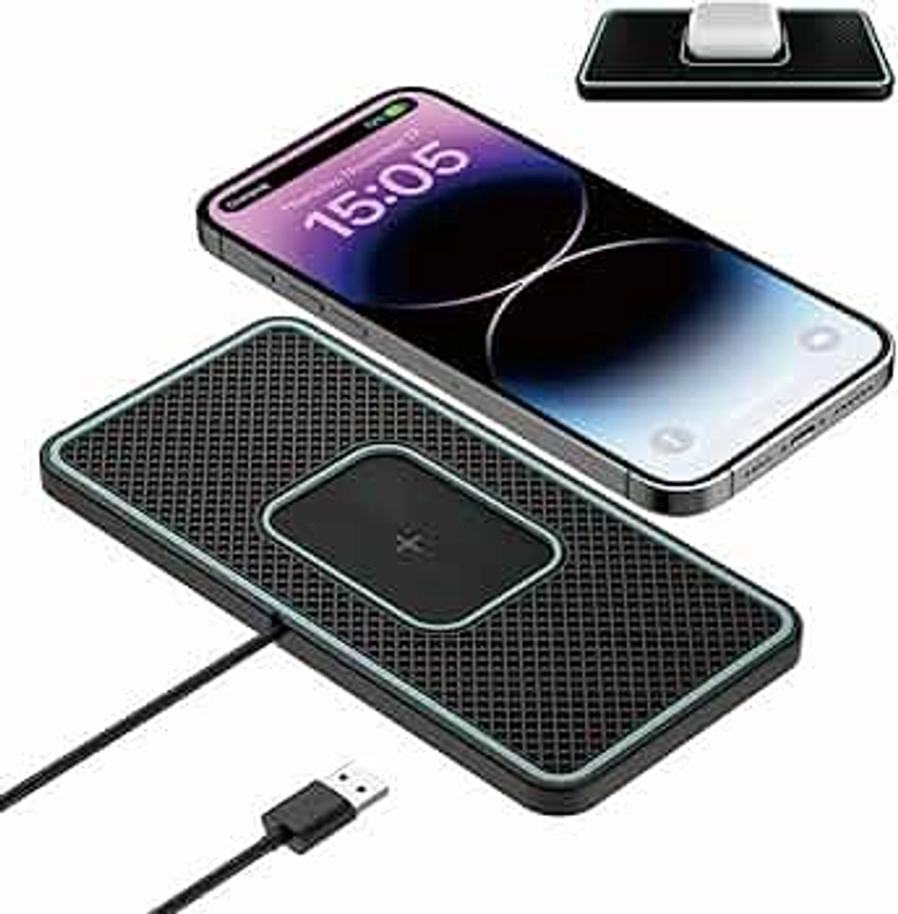 Chargeur Induction Voiture, Polmxs 15W Qi Pad de Chargeur sans Fil Voiture Rapide, Tapis de Chargement de Ultra Fin Compatible avec Airpods 3/Pro,iPhone 14/13/12/11/X/8, Samsung S22/S21/S20/10+/S10