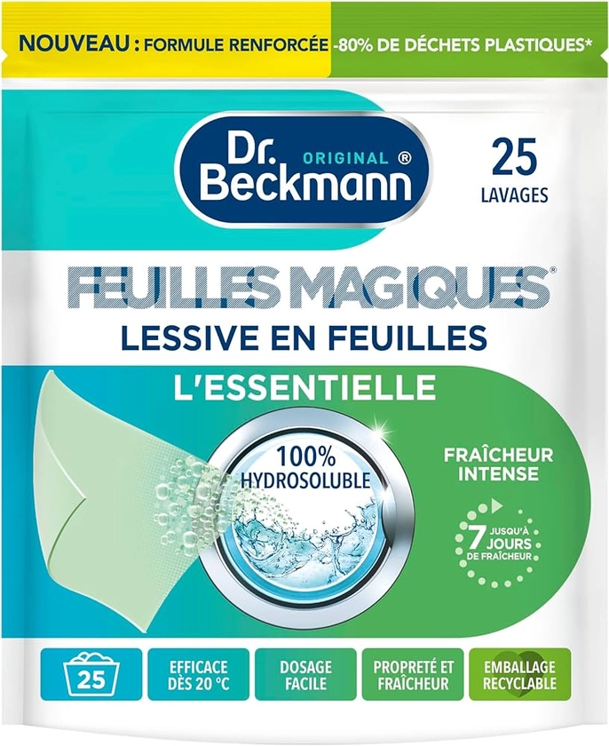 Dr. Beckmann FEUILLES MAGIQUES Lessive en feuilles L'ESSENTIELLE | Format pré-dosé, pratique et léger | 100% hydrosoluble, facile à utiliser et ranger | 25 feuilles, Bergamote