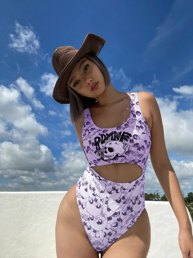 ROMWE X Creatorimage Goth Letter Skull Print Cut Out One Piece Swimsuit