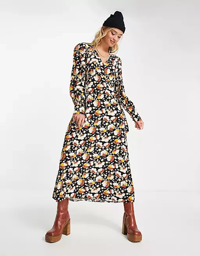 & Other Stories tie detail midi dress in brown floral print