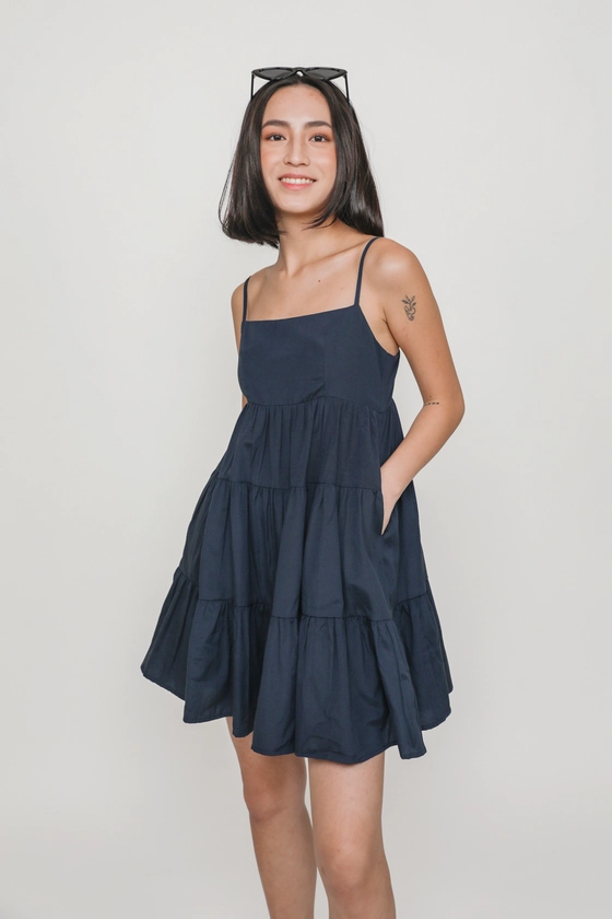 Roxana Babydoll Tiered Dress (Navy)