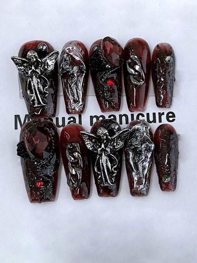 ROMWE Goth 10pcs Long Coffin Angel & Rhinestone Decor Fake Nail Kit