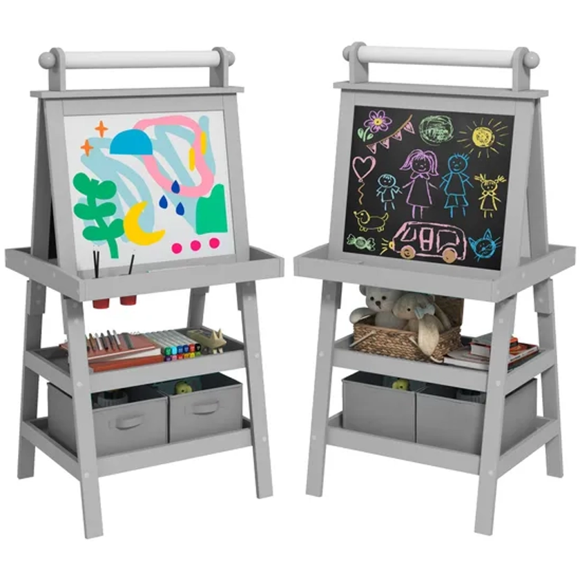 Arts & Crafts | Art Easel for Kids with Paper Roll, 3 in 1 Kids Easel Double-Sided Magnetic Whiteboard and Chalkboard with Storage Baskets, for Children 3-6 Years | AIYAPLAY