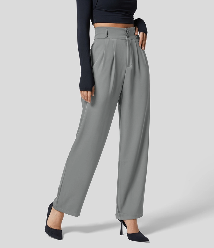 Women’s High Waisted Button Zipper Plicated Side Pocket Shirred Straight Leg Work Suit Pants - Halara 