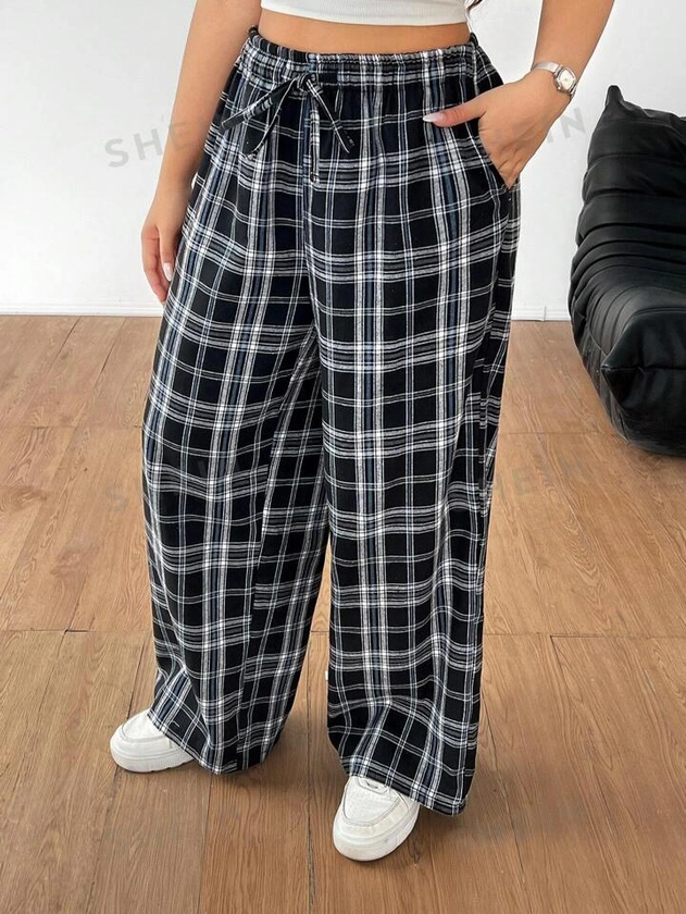 SHEIN EZwear Plus Plaid Print Knot Waist Wide Leg Pants