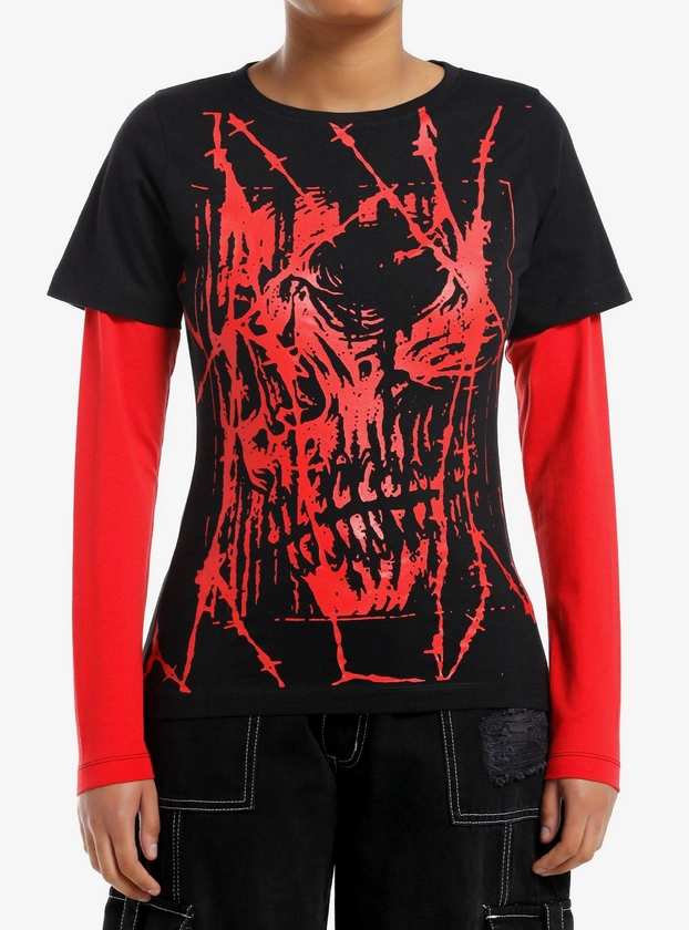 Social Collision Scratchy Skull Girls Twofer Long-Sleeve T-Shirt