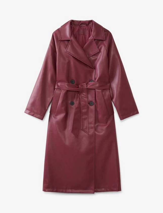 Trench long matière enduite bordeaux