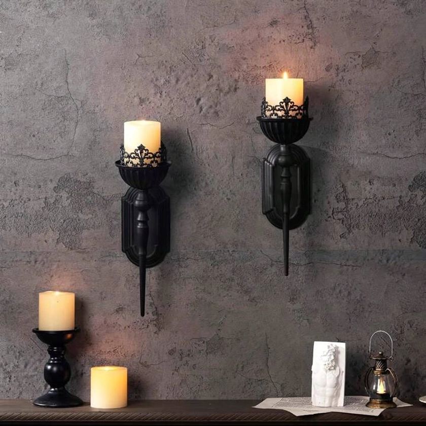 Vintage Wall-Mounted Iron Candle Holders - Fleur Pattern Design, Ideal Home Décor For Living Room, Patio, Christmas, Halloween - Set Of 2 Black Wall Sconces