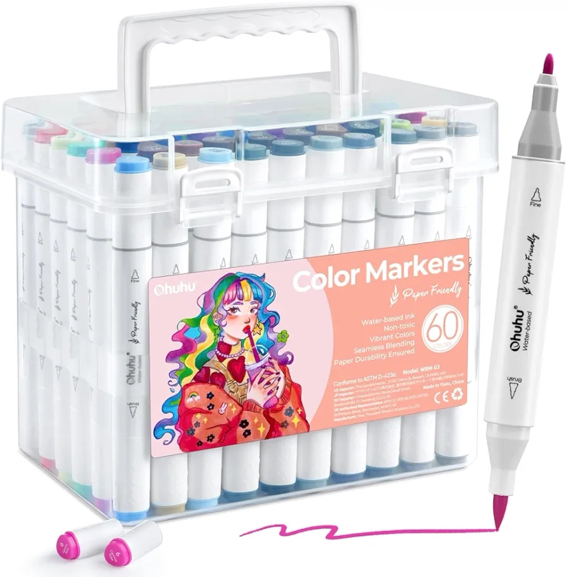 Ohuhu Markers Paper-friendly Water-based Coloring Markers 60 Colors Dual Brush Fine Tips Markers for Adult Coloring Books No Bleeding Art Markers for Kids Adults Beginner Calligraphy Sketch Journal