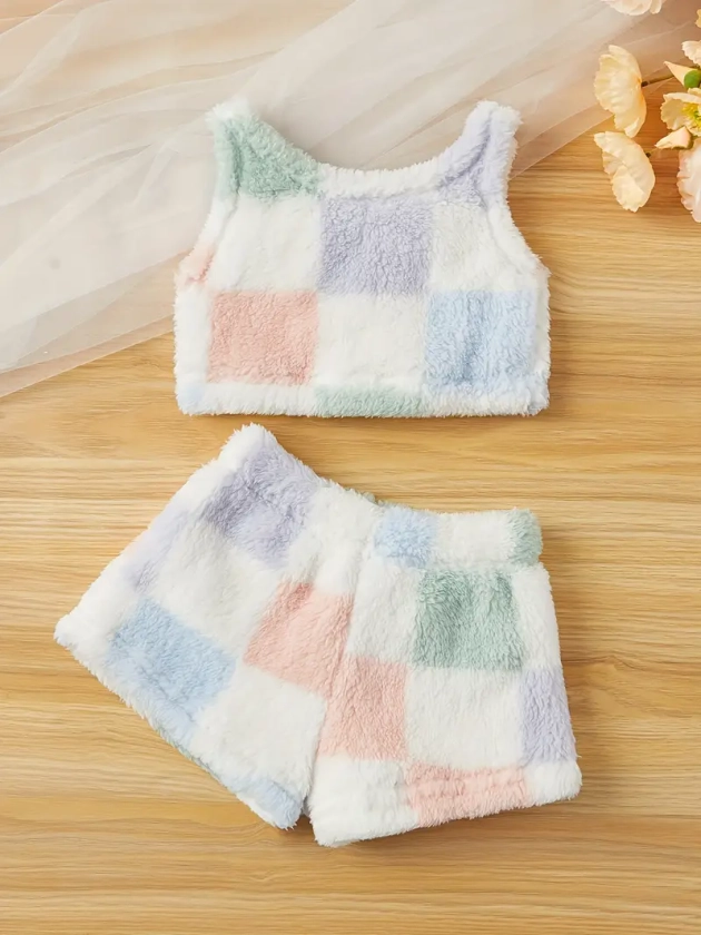 2PCS, Girls Colorblock Plush Print Outfits Comfy Sets For Spring Fall Gift Outdoor