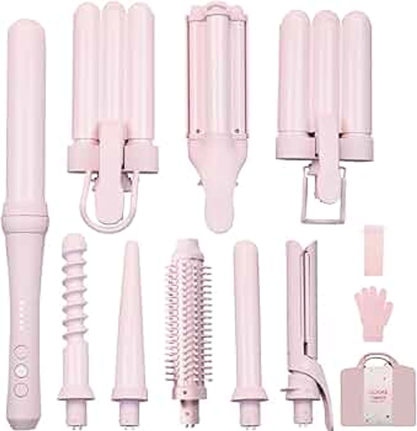 Curling Iron Set 9-in-1, Hair Curler with 7 Curler Wands Set, A Hair Straightener and A Heated Round Brush, Ceramic Coating with Storage Bag for Present, Hair Salon at Home