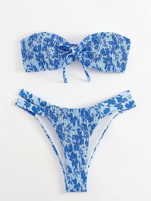 SHEIN SHEIN Swim Mod Floral Print Smocked Bandeau Bikini Swimsuit