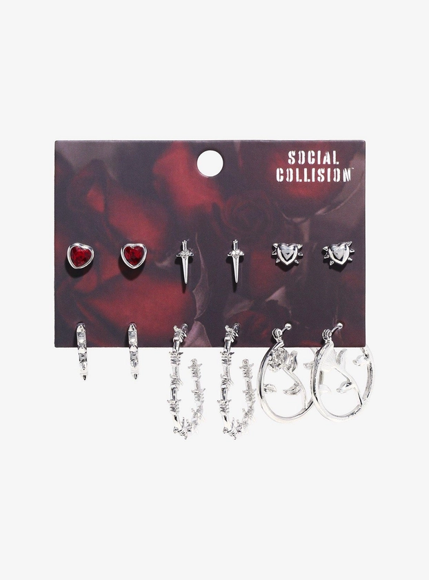 Social Collision Barbed Wire Heart Rose Earring Set
