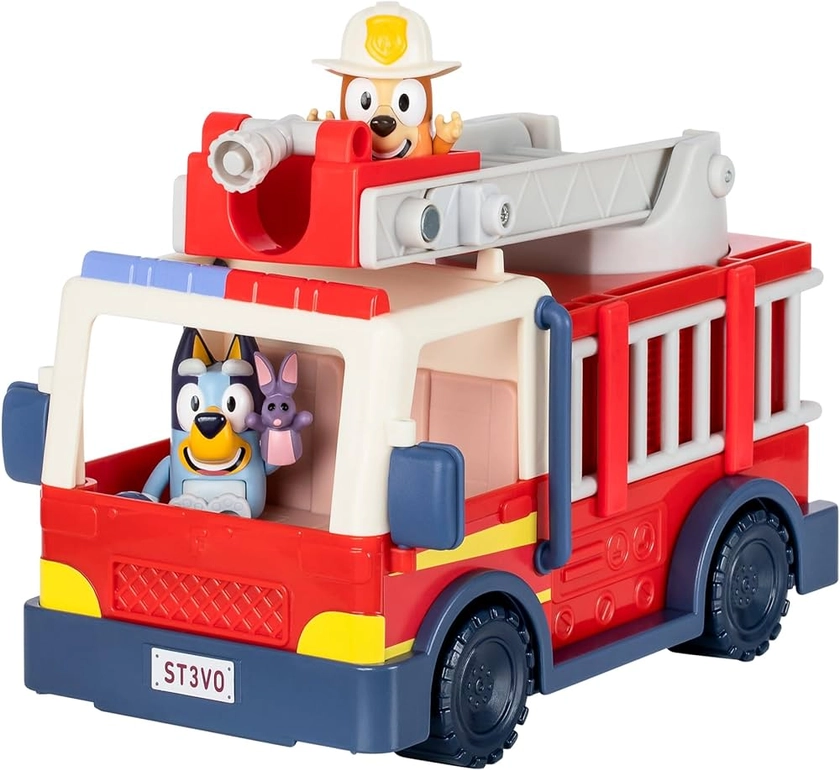 Bluey Firetruck, Firetruck with Bluey, Exclusive Firefighter Bingo and Bob Bilby Figures Raise The Ladder, Spin It Around and Roll Out The Hose Includes Sticker Sheet