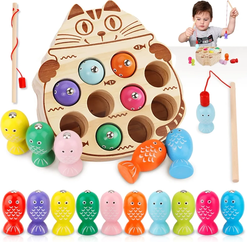 NCKIHRKK Jeux Montessori, Activite Enfant 2 Ans, Jouet en Bois Jeu de Pêche Magnetique, Cadeau Fille/Garcon 2 ans, Bebe 1 An, Jeux Educatif Pour 2 3 4 5 Ans