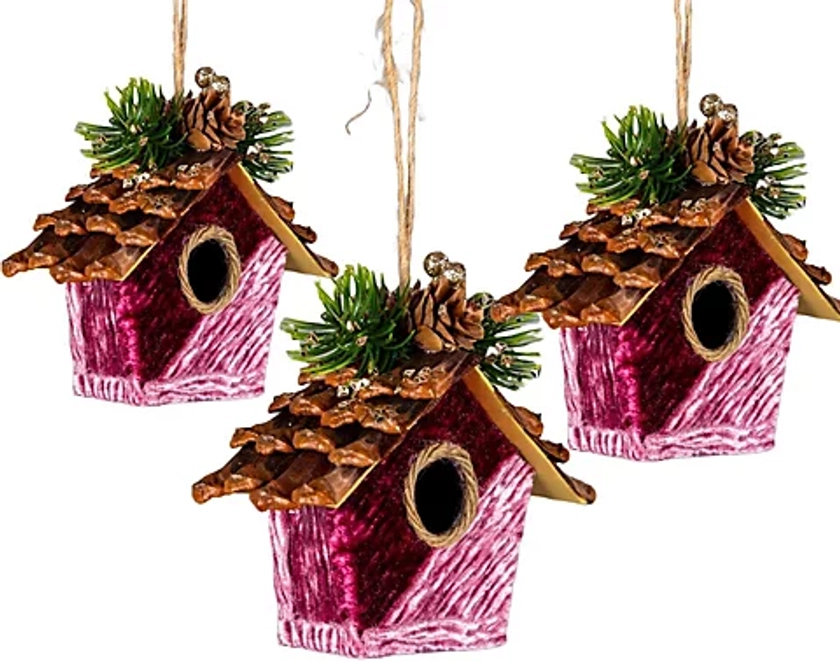 Shatchi Pink Burgundy Birdhouse 10x11cm - Christmas Tree Hanging Decorations Ornaments Fairy Tale Themed | DIY at B&Q