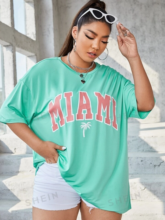 SHEIN EZwear Plus Palm Tree & Letter Graphic Drop Shoulder Tee