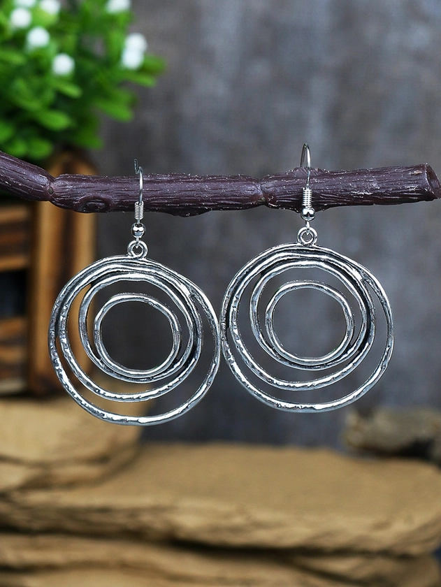 TopHanqi 1pair Vintage Silver Color Layered Circle Drop Earrings For Women