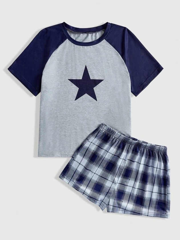 ROMWE Grunge Punk Casual Homewear Set With Contrast Color Raglan Short Sleeve Star Printed Top And Plaid Shorts