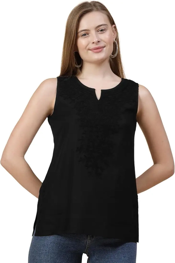 Buy HOUSE OF QAZMI Women's Kashmiri Black Sleeveless Short Kurti_XL at Amazon.in