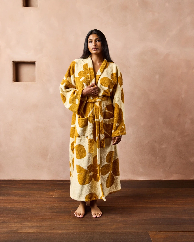 Limoncello & Turmeric Floral 100% French Flax Linen Terry Bath Robe