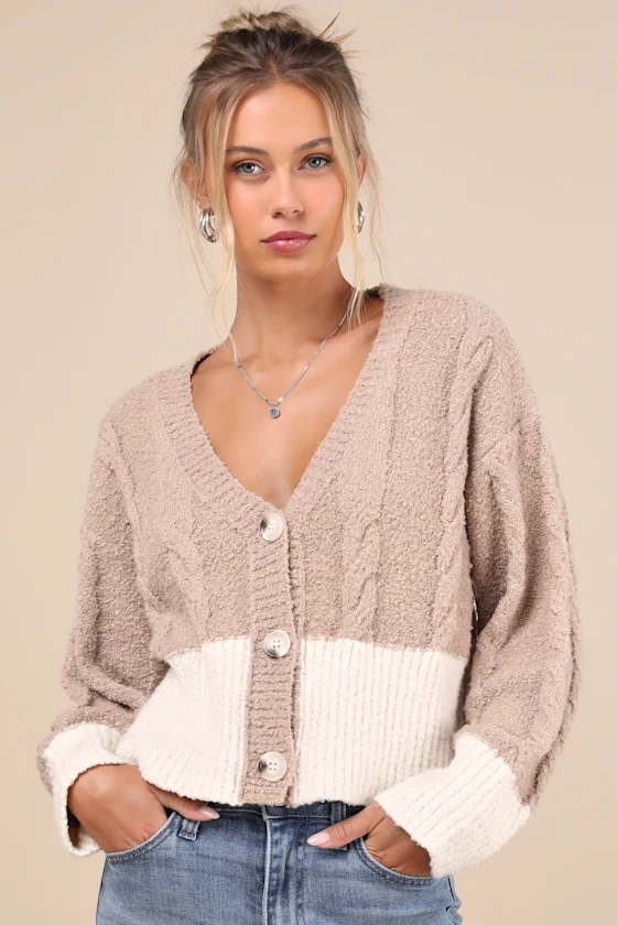 Convincingly Cozy Beige and Ivory Cable Knit Boucle Cardigan