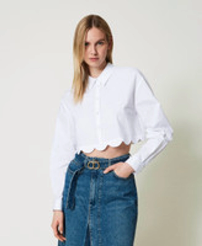 Camicia cropped in popeline con smerlo Donna, Bianco | TWINSET Milano