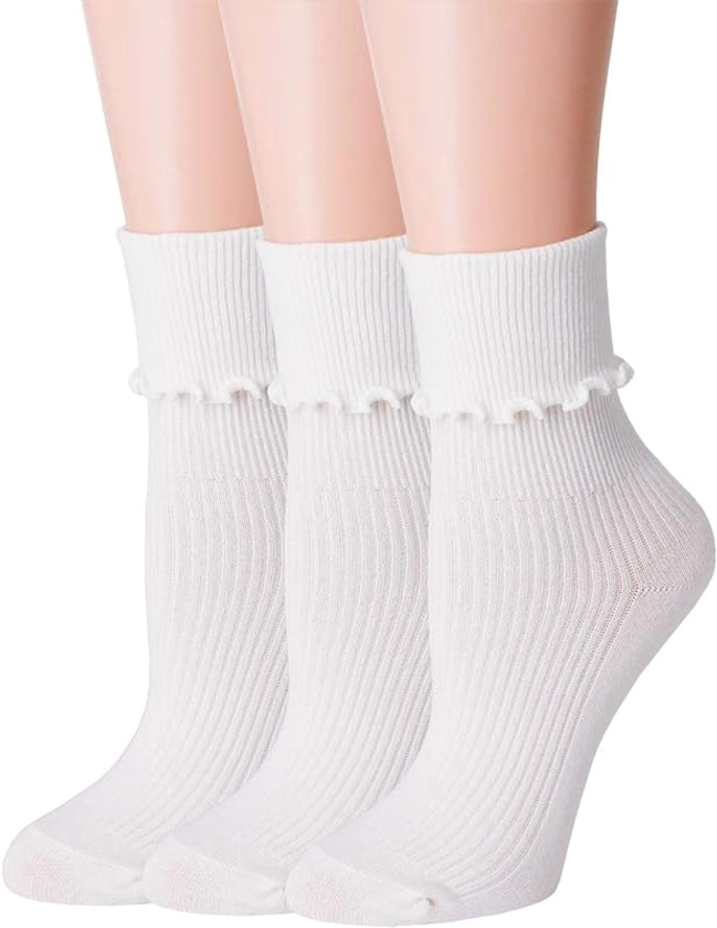 SRYL Women Ankle Socks Ruffle Turn-Cuff,Lovely double needle solid color edge relent Girl socks