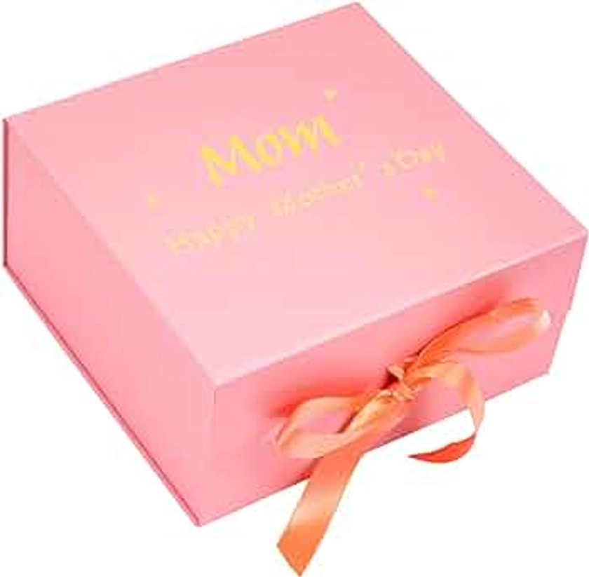 WRAPAHOLIC 1 Pcs 8x8x4 Inches Pink Happy Mother's Day Gift Box with Satin Ribbon, Collapsible Gift Box with Magnetic Closure and 2 Pcs White Tissue Paper, Perfect for Mother's Day Gift Wrap