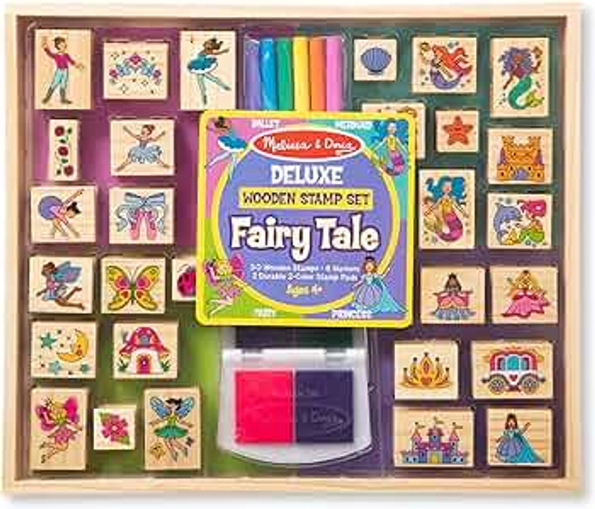 Melissa & Doug Deluxe Wooden Stamp and Coloring Set – Fairy Tale (30 Stamps, 6 Markers, 2 Durable 2-Color Pads) - Fairy Tale-Themed Stamps For Kids Activity Set