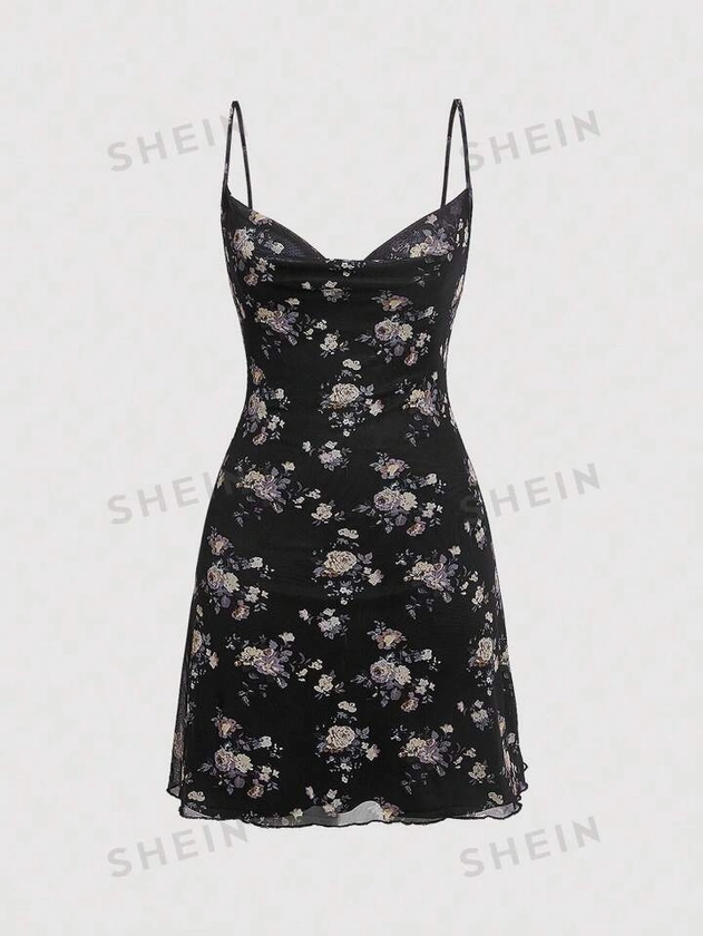 SHEIN MOD Floral Print Cami Black Swing Collar Mesh Print Dress