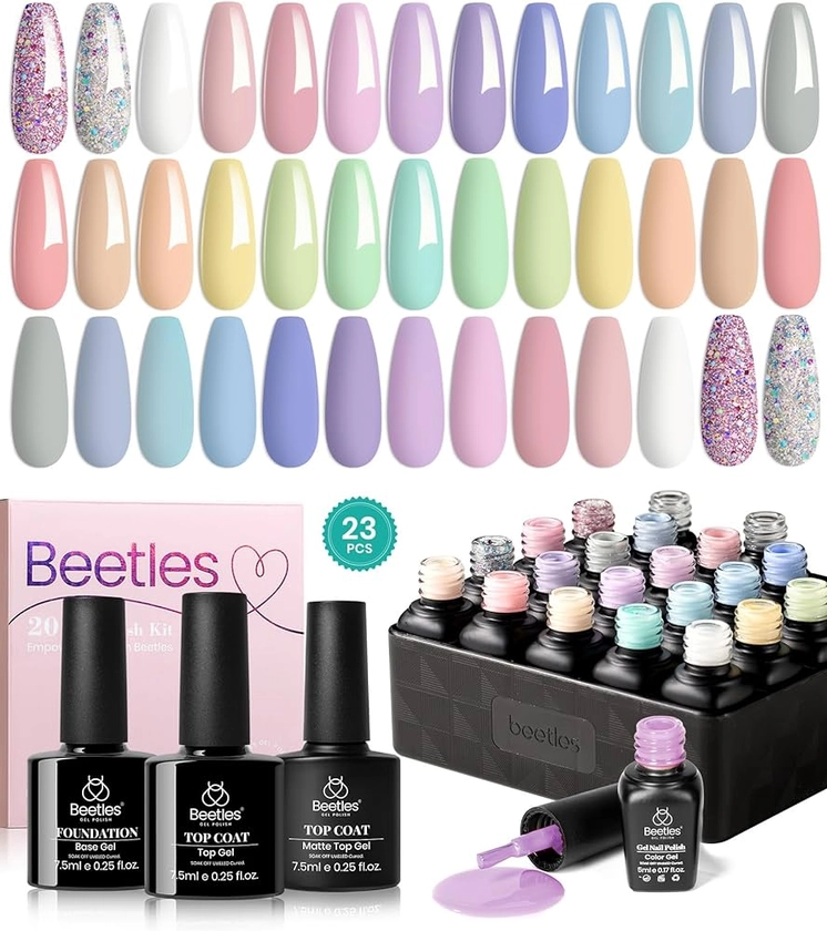 Amazon.com: Beetles 23Pcs Pastel Gel Nail Polish Kit with 3Pcs Glossy & Matte Top Coat and Base Coat, Spring Paradise Pink Blue Girl Bright Solid Sparkle Glitters Uv Glitter Gel Polish : Beauty & Personal Care