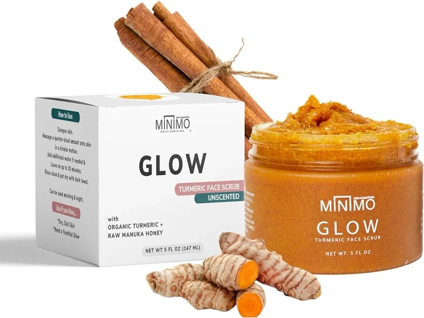 Minimo Glow (Unscented) Skin Brightening Face Scrub for Dark Spots 5 oz Blemish Treatment - Helps Improve Appearance of Uneven Skin tone & Scarring from Breakouts - No Mix, Ready to Apply