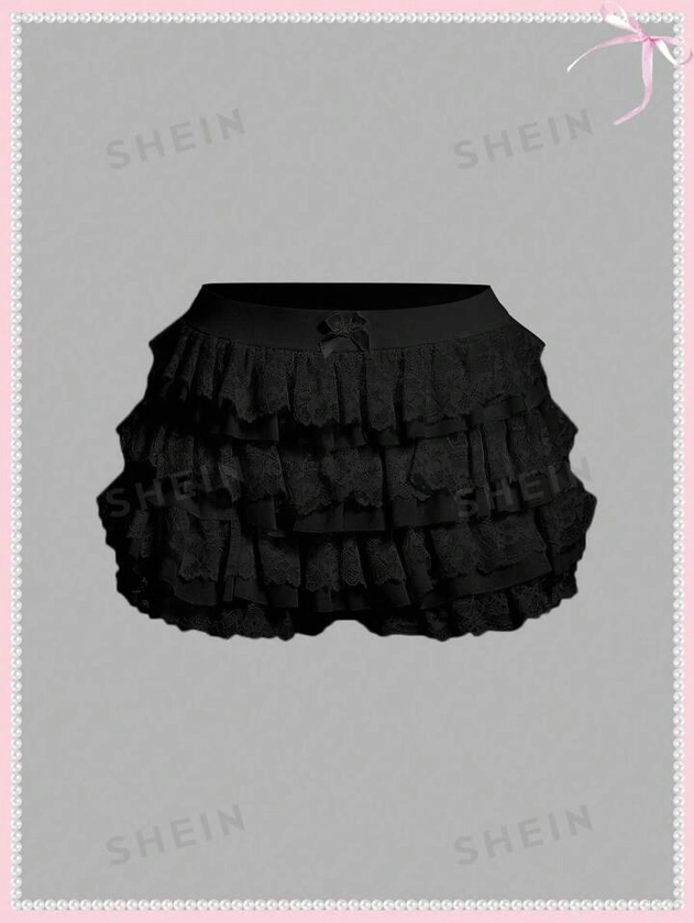 SHEINNeu Shorts Blancos De Verano Balletcore, Lindo Lazo Dulce Kawaii, Modelo De Rejilla Coquette Con Encaje De Contraste Y Ribete De Volantes. Ropa De Verano Para Mujer, Shorts Lindos