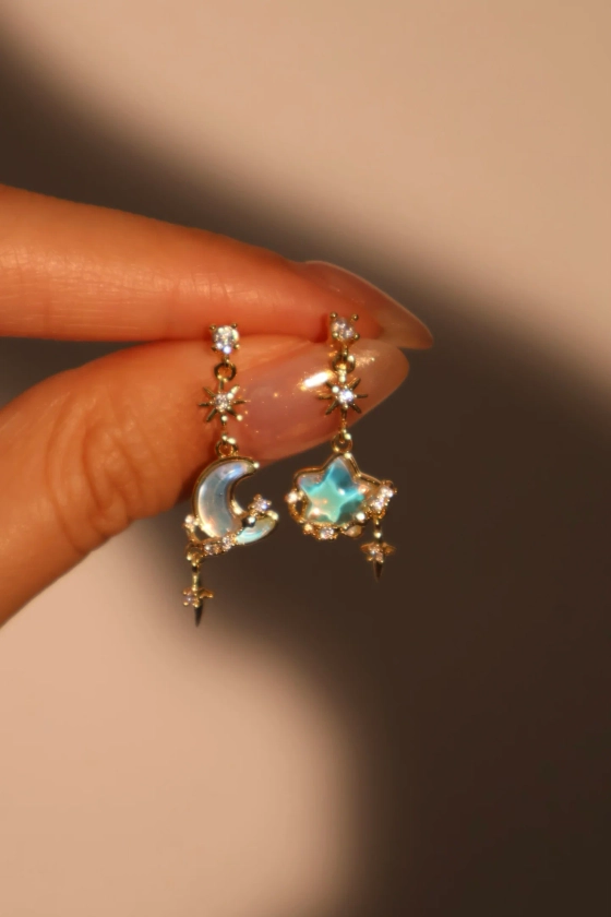 14K Real Gold Plated Blue Gem Moon Star Earrings