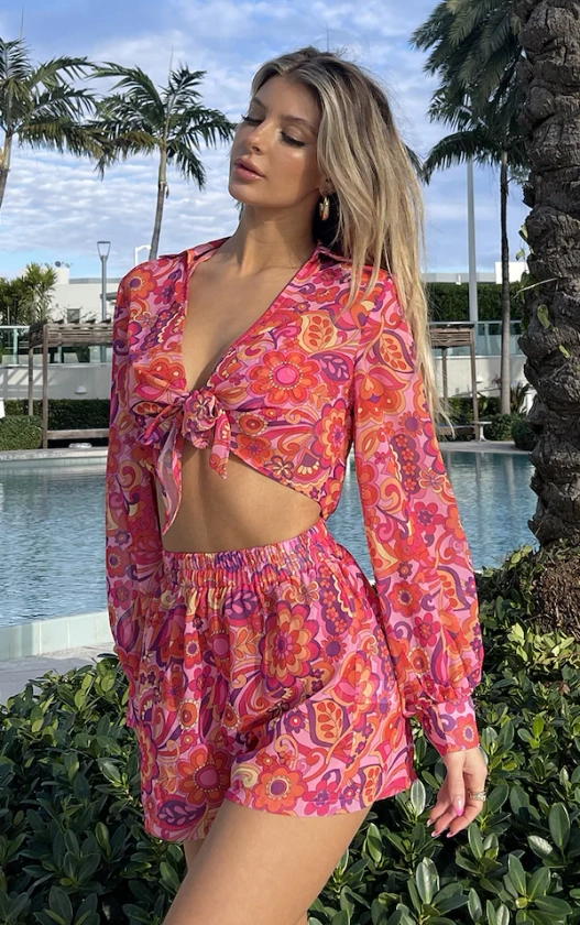 Bright Pink Floral Print Tie Front Beach Shirt