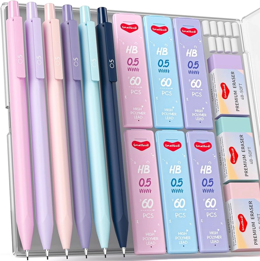 Amazon.com : Smallbudi 6PCS 0.5 mm Mechanical Pencils Set with Case, Cute Pastel Mechanical Pencil with 360PCS HB Lead Refills, 3 Eraser, Aesthetic School Supplies Pencils for Drafting Writing Drawing Sketching : Office Products