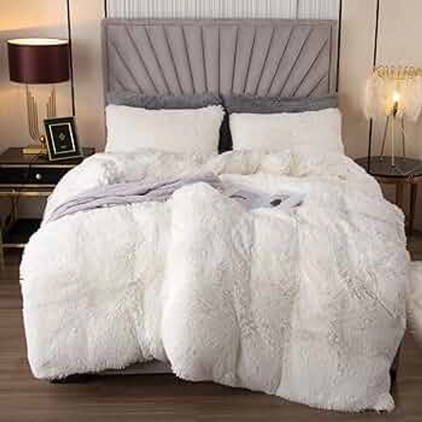 EMME Plush Shaggy White Duvet Cover Set Twin Size Fluffy Fuzzy Comforter Cover Set for Twin Bed Luxury Bedding Duvet Covers (White, Twin)