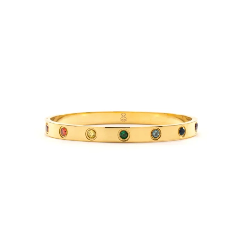 Chakra Healing Stone Bangle, Gold Over Stainless Steel