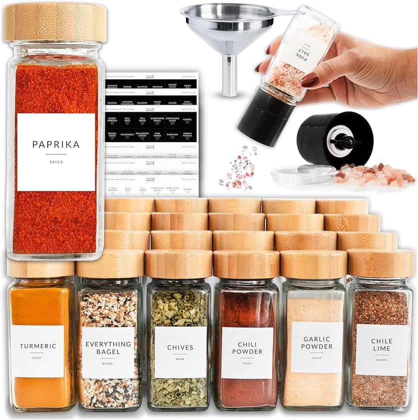 Glass Spice Jars with Label, 24PK Bamboo Spice Jar Set 4oz Seasoning Containers with Labels, Pepper Grinder, 374 Spice Labels, Spice Bottles Funnel, Empty Spice Jars and Shaker Lids Spice Containers