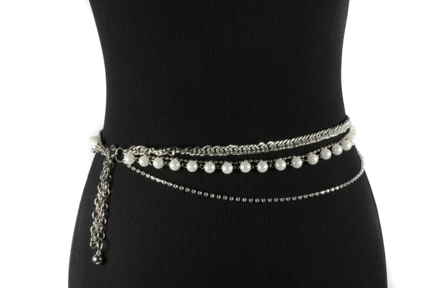 Women's 4 strands rhinestone Silver chain belt with imitation pearls | ready for party