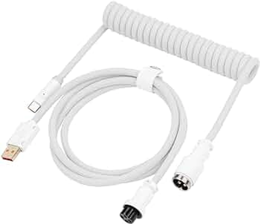 EPOMAKER MIX PRO Coiled USB C Cable, 1.5m Double Sleeved Cable for Mechanical Keyboard, with Detachable 4-Pin Aviator Connector for Gaming Keyboard (White)